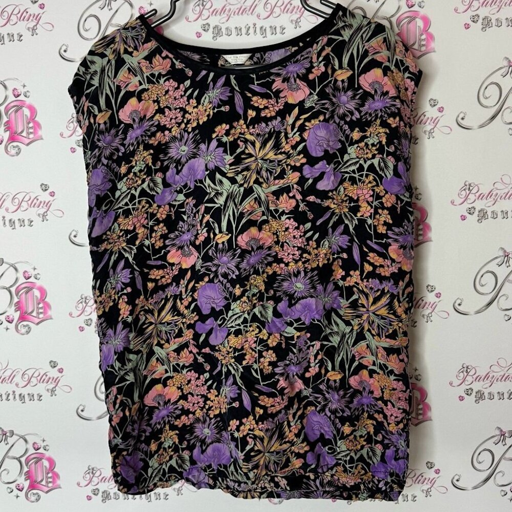 Thai silk village top tank 100% silk flowers Floral Black and Purple Women's Top